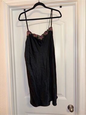 Luxe Black Satin Slip with Pink & Lime Floral Embroidery